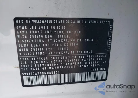 2022 Volkswagen Tiguan 2.0T Sel R-Line z USA, uszkodzony, nr VIN 3VV4B7AX4NM085303